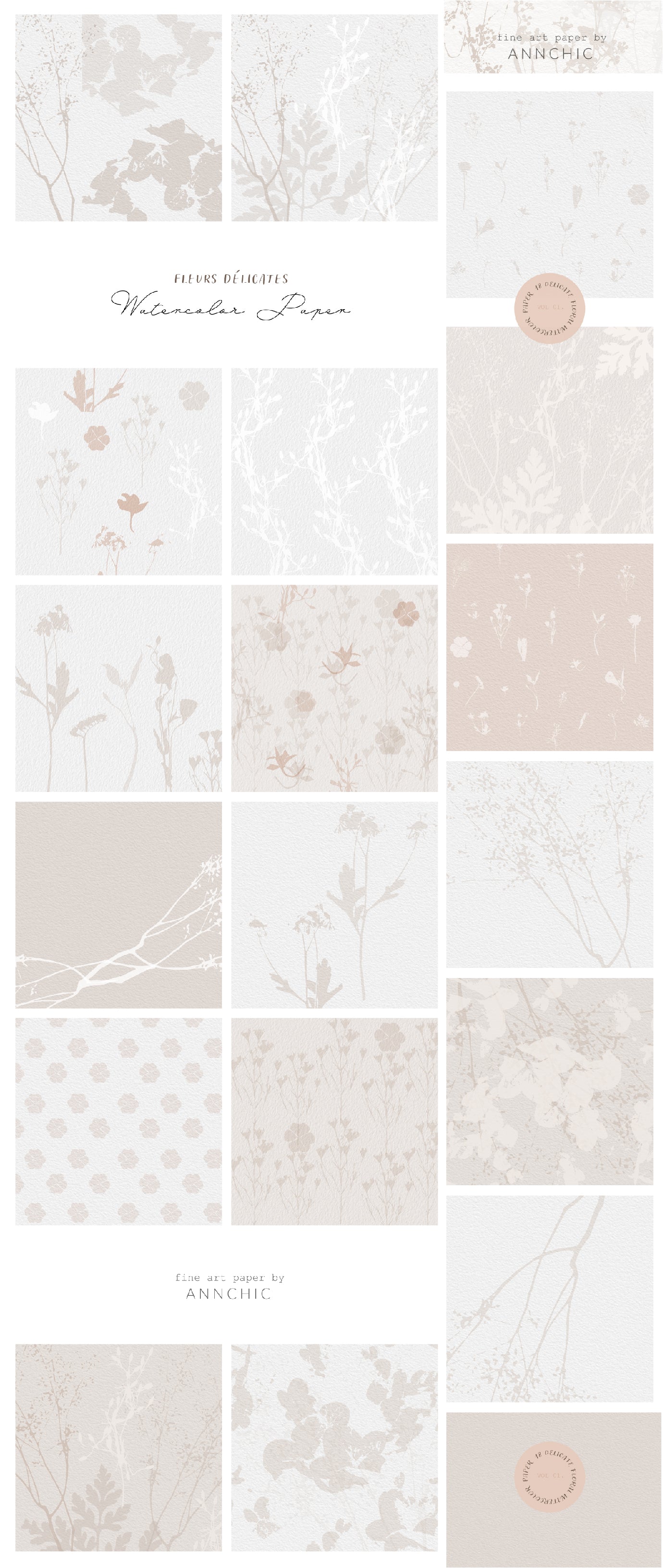 Botanical watercolor paper with Delicate florals and herbs