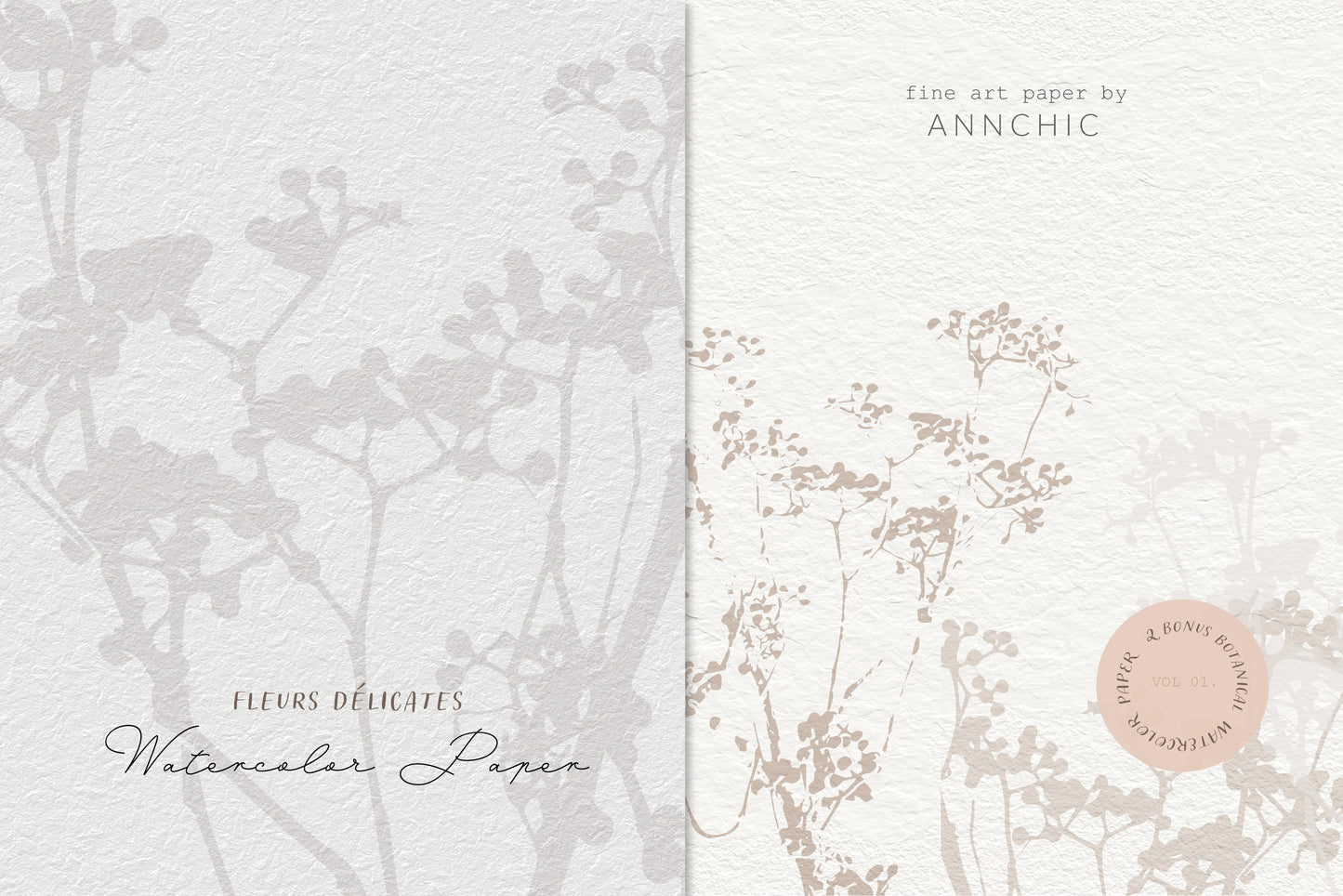 Botanical watercolor paper with Delicate florals and herbs