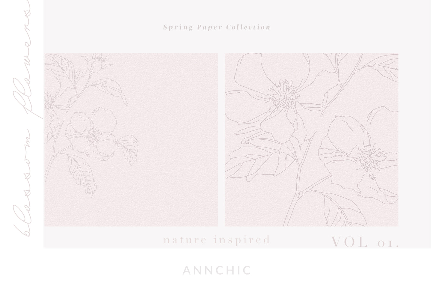 Blooming flowers digital paper, delicate flowers, watercolor paper, floral line art textures, spring blossom clipart, gentle botanical paper