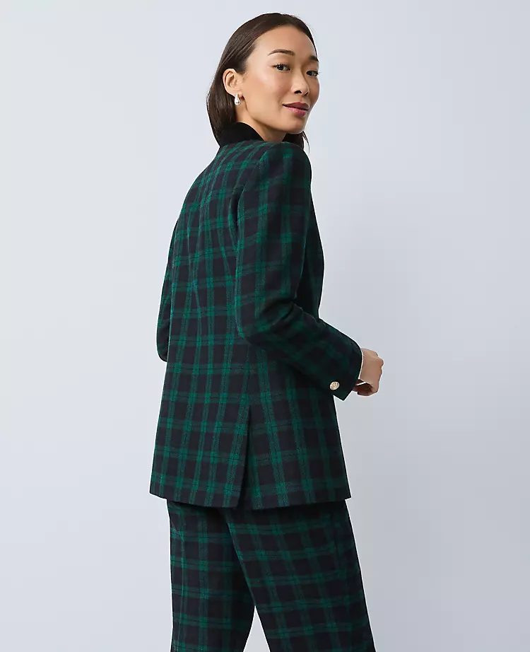The Long Collarless Blazer in Plaid