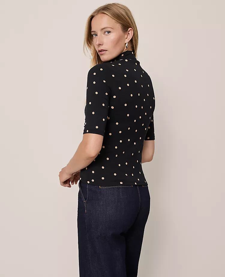 Dotted Mock Neck Elbow Sleeve Top