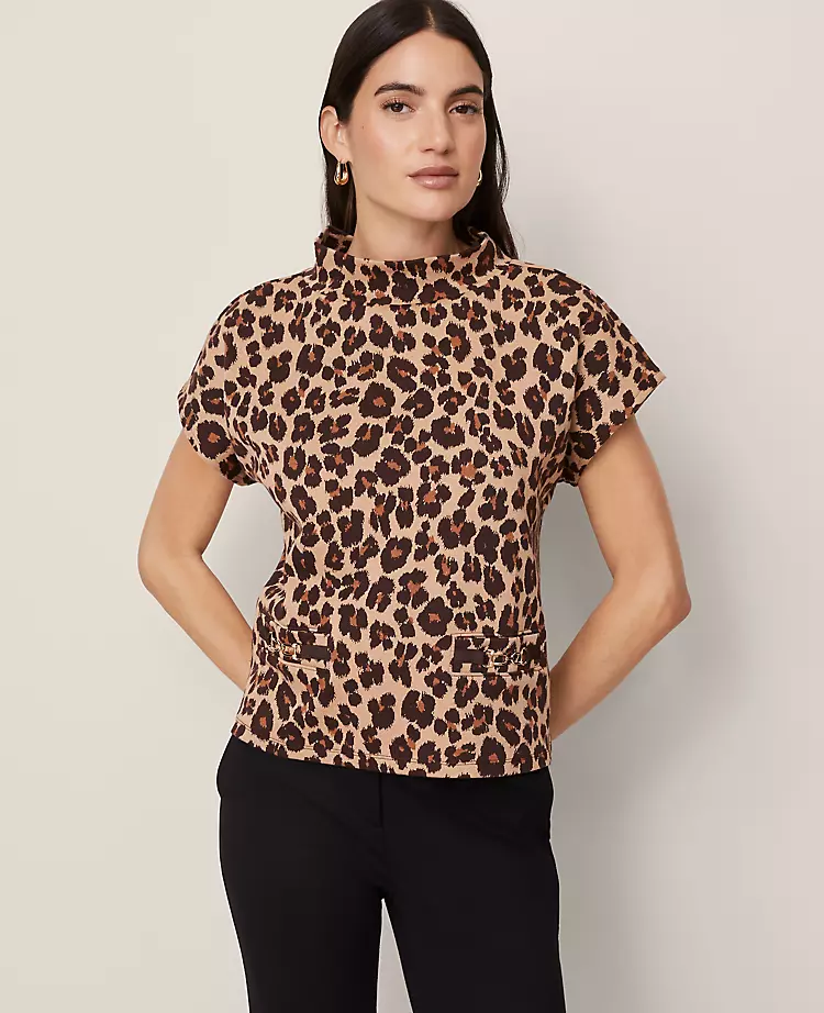 Petite Animal Print Horsebit Mock Neck Top