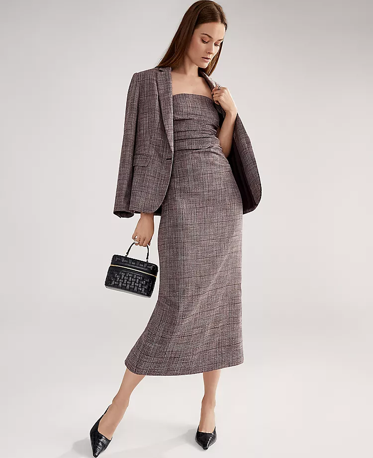 Petite Gathered Strapless Midi Dress in Plaid