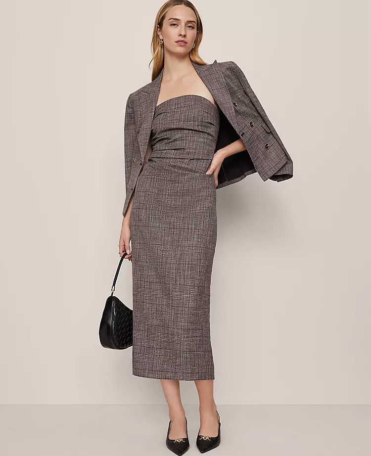 Petite Gathered Strapless Midi Dress in Plaid