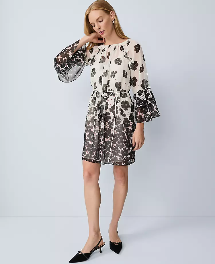 Petite Floral Ruffle Trim Flare Dress
