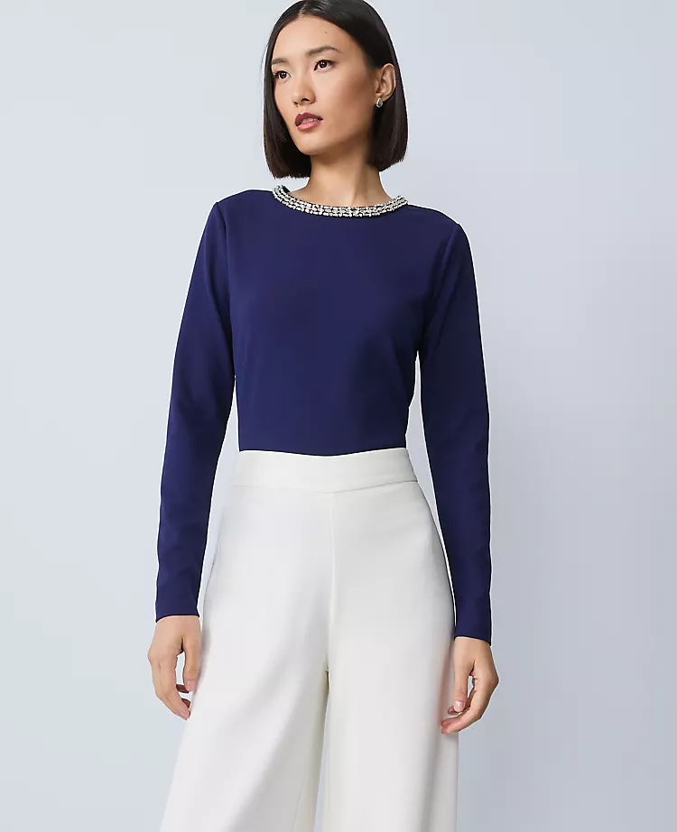 Ponte Embellished Crew Neck Top