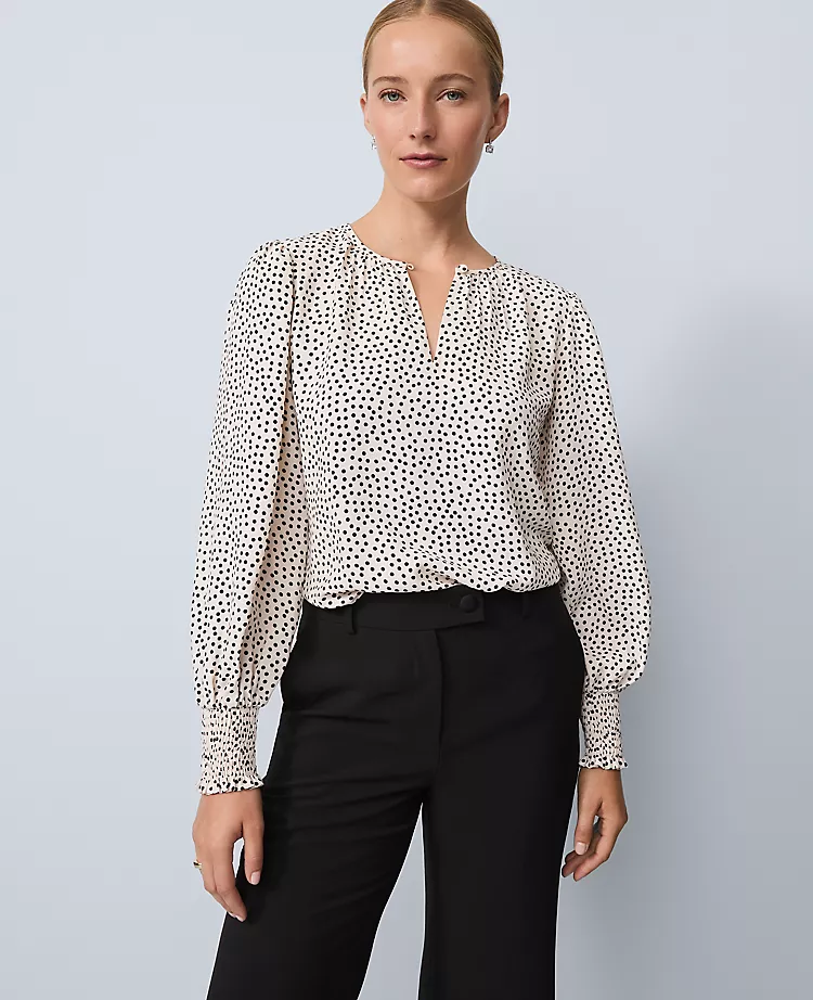 Petite Dotted Smocked Crew Neck Top