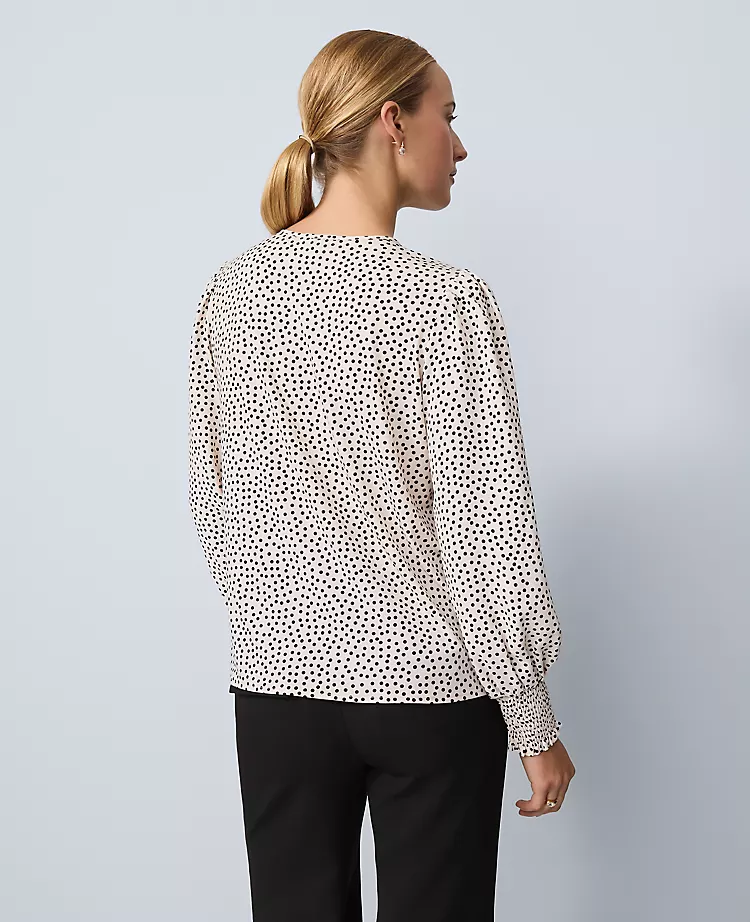 Petite Dotted Smocked Crew Neck Top