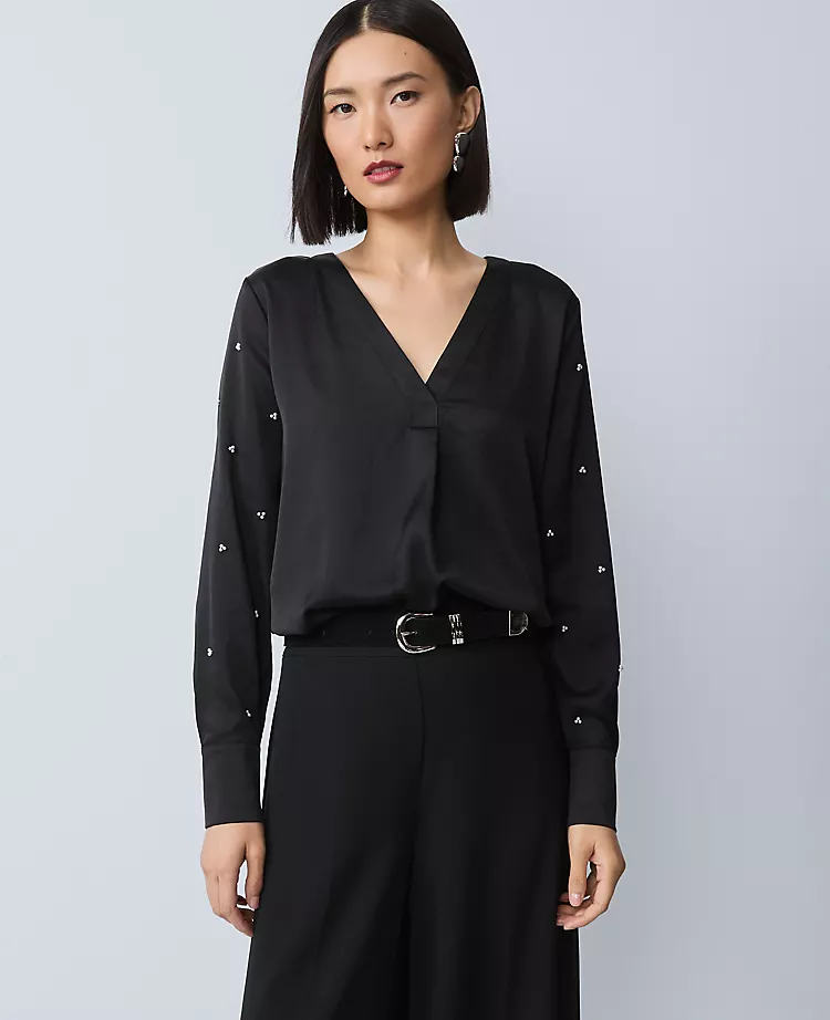 Petite Pearl Embellished Mixed Media Top