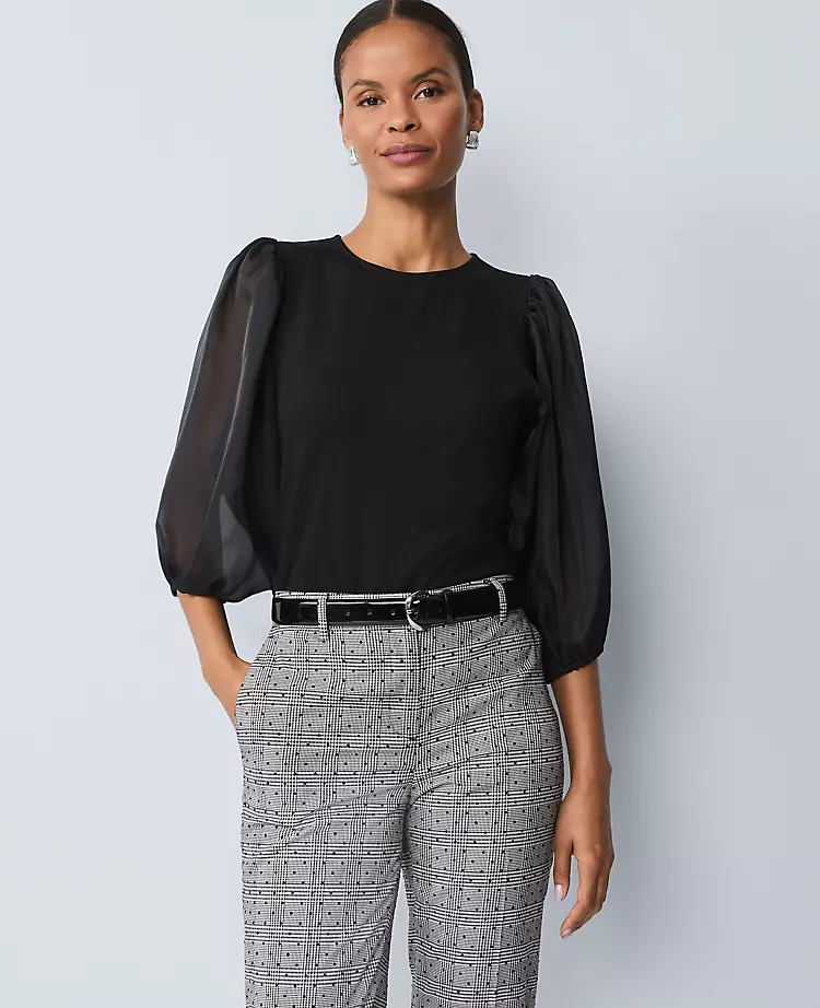 Petite Puff Sleeve Mixed Media Top