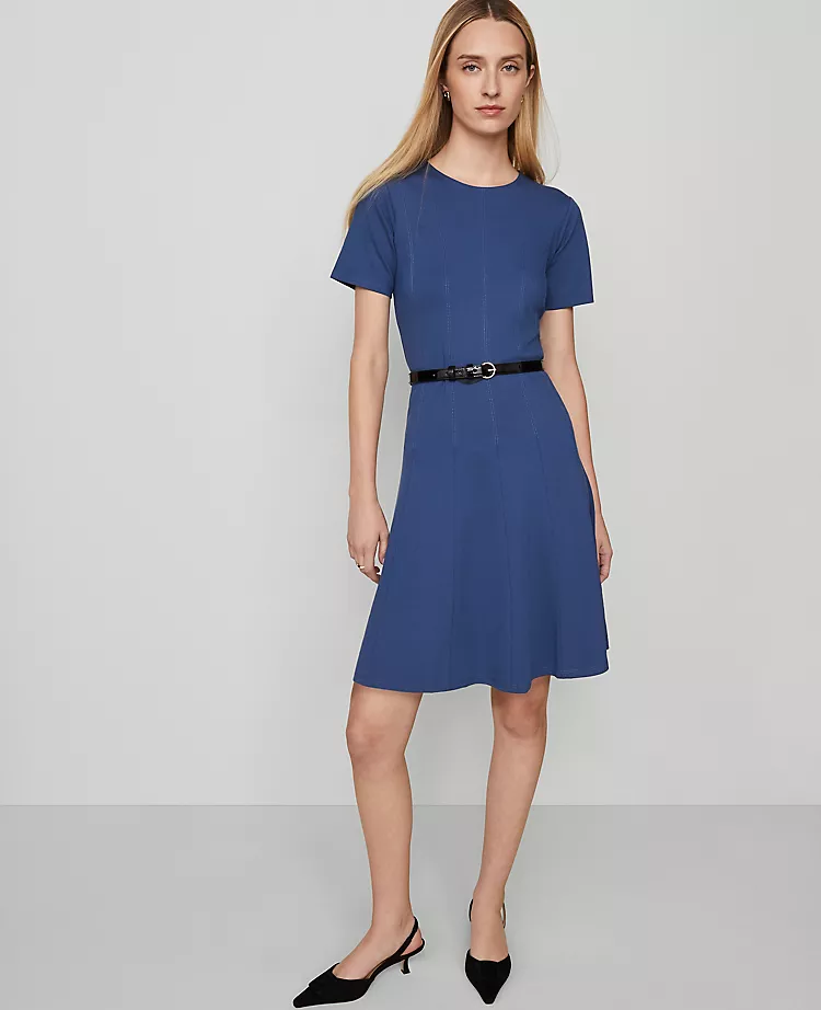 Crew Neck Belted Flare Dress