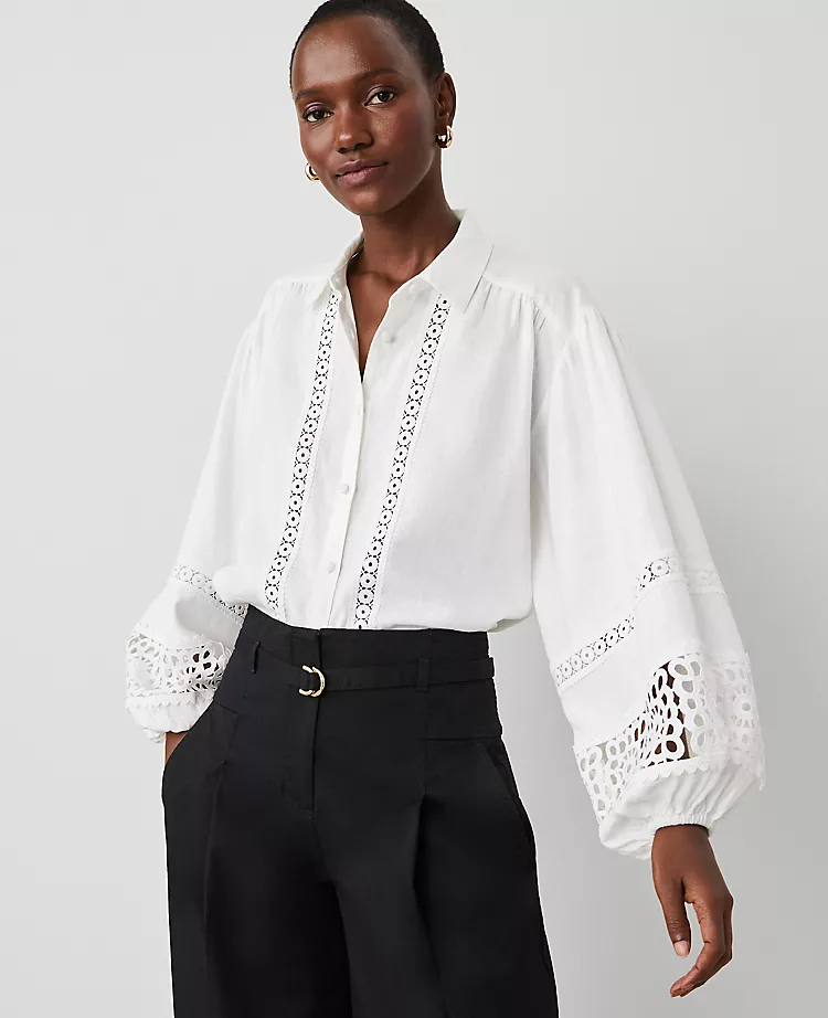 Petite Embroidered Linen Blend Puff Sleeve Blouse