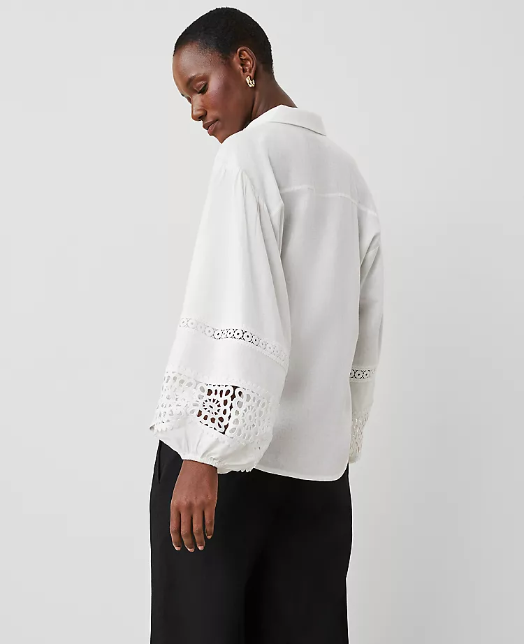 Petite Embroidered Linen Blend Puff Sleeve Blouse