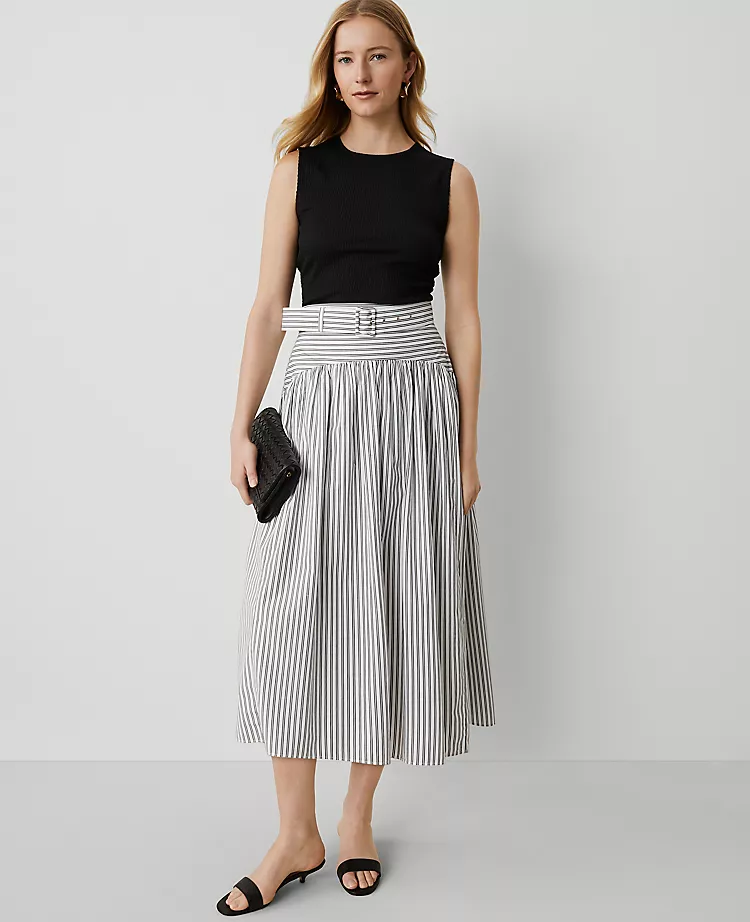Petite Striped Belted Yoke Midi Skirt