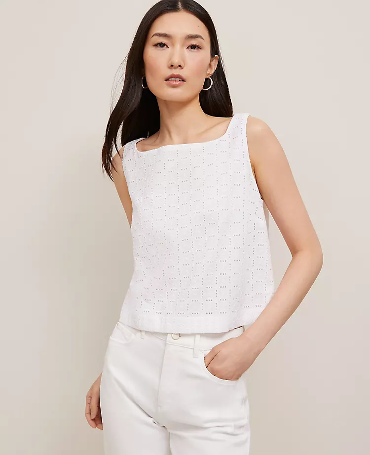 Eyelet Linen Blend Tank Top