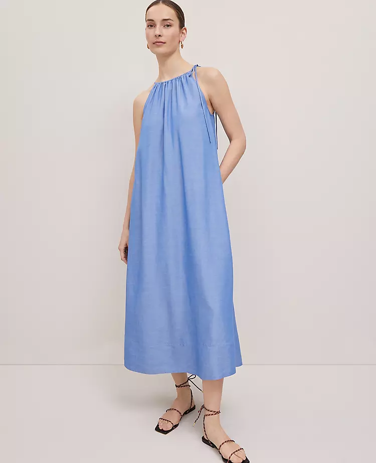 Petite Weekend Collection Chambray Halter Maxi Dress