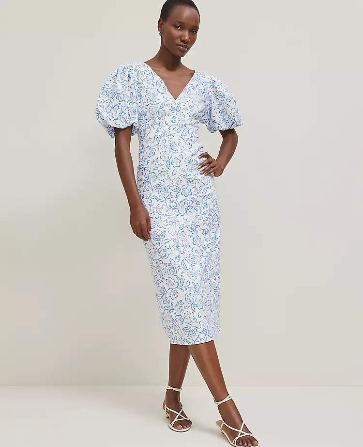 Petite Floral Linen Blend Puff Sleeve Sheath Dress