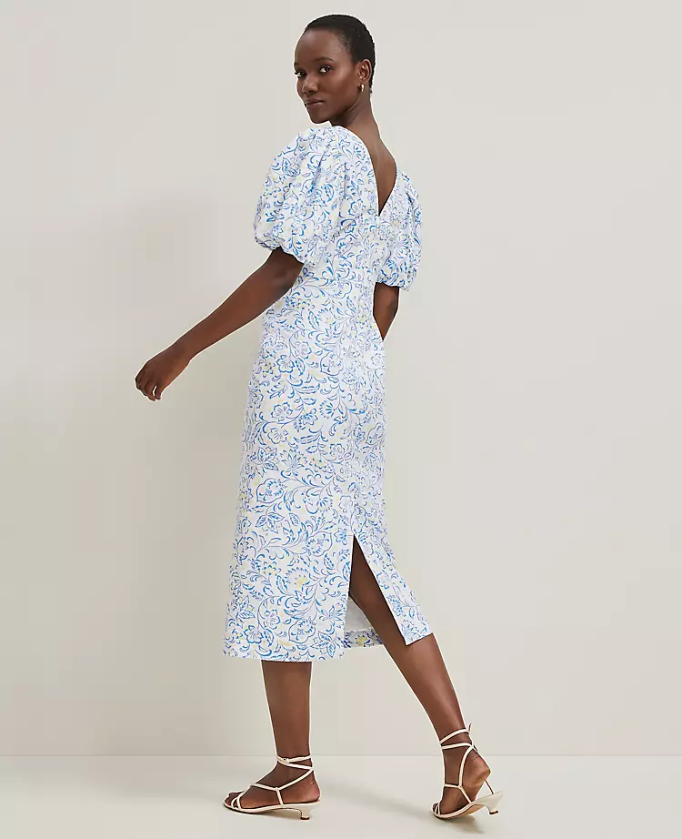 Petite Floral Linen Blend Puff Sleeve Sheath Dress