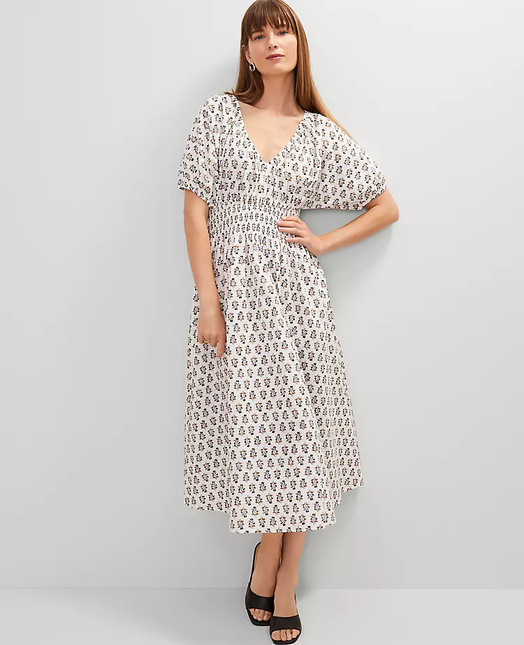 Floral Smocked Puff Sleeve Midi Dress
