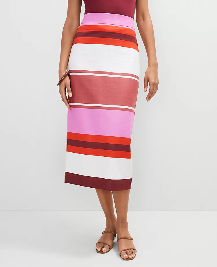 Petite Striped Linen Blend Clean Midi Skirt