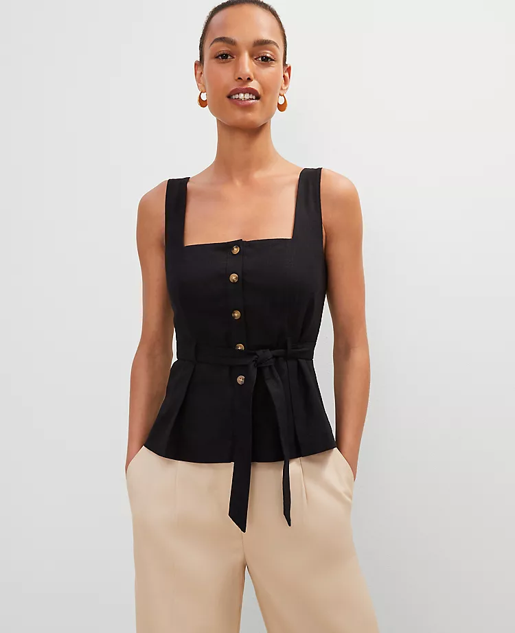 Petite Linen Blend Button Tie Waist Top