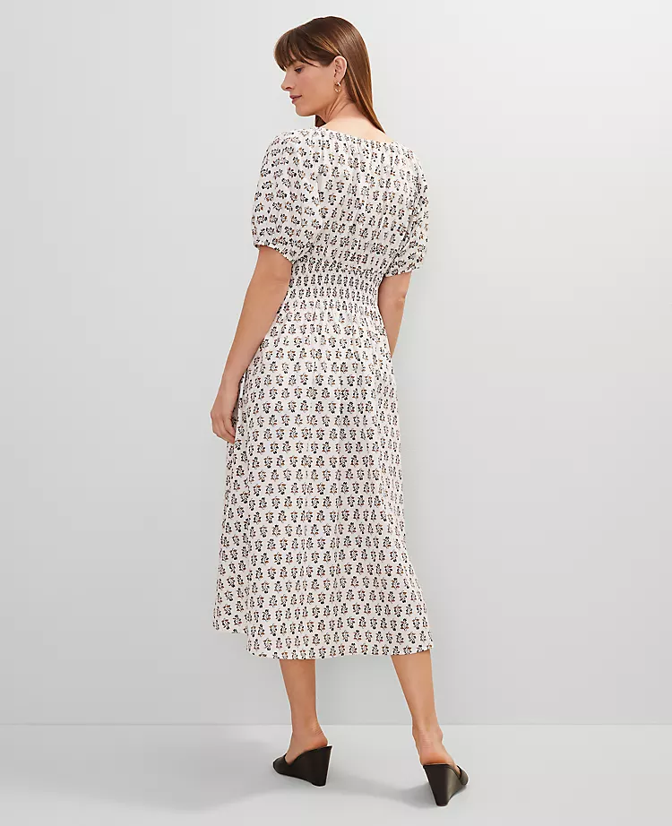 Petite Floral Smocked Puff Sleeve Midi Dress