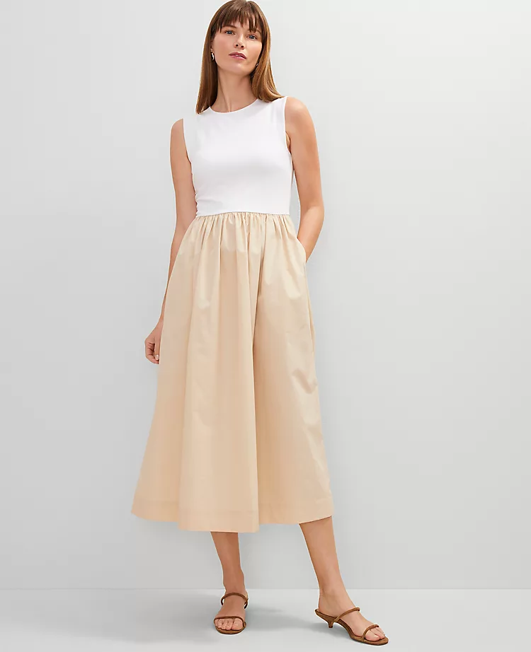 Petite Crew Neck Mixed Media Flare Dress