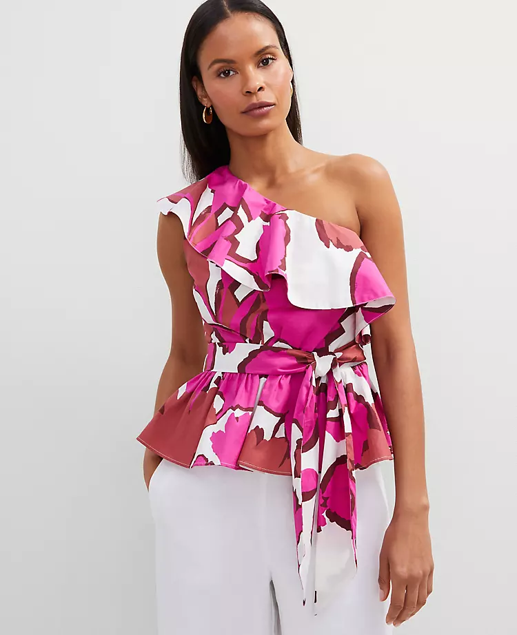 Petite Floral One-Shoulder Tie Waist Blouse