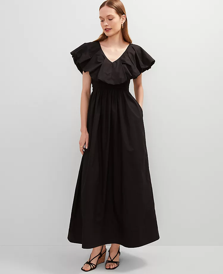 Petite Ruffle Collar Maxi Flare Dress