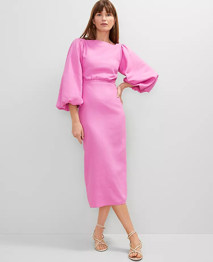 Petite Linen Blend Puff Sleeve Midi Dress