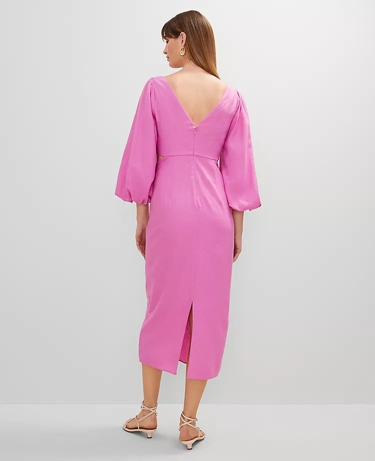 Petite Linen Blend Puff Sleeve Midi Dress