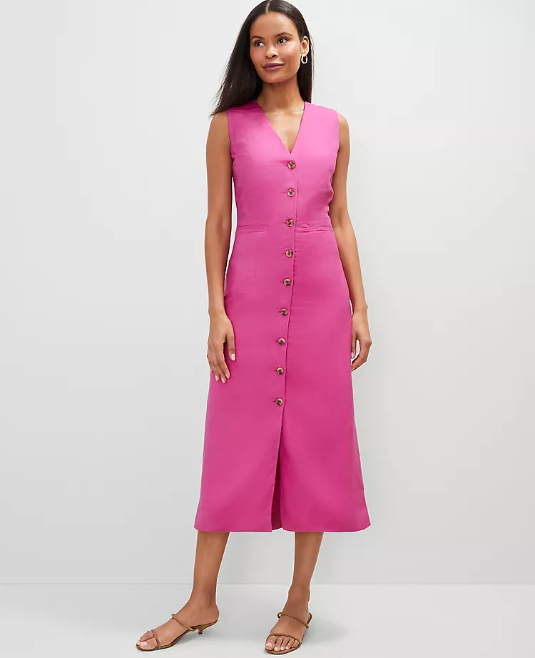 Petite Linen Blend V-Neck Shirtdress
