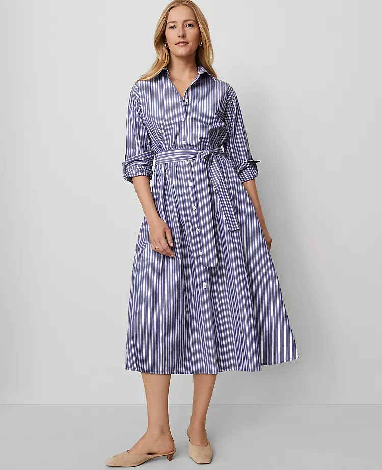 Petite Striped Collared Midi Shirtdress