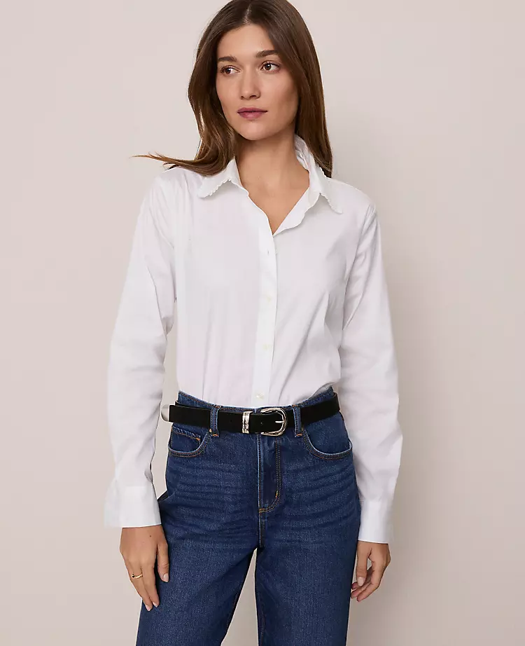 Petite Weekend Collection Ruffle Collar Modern Shirt