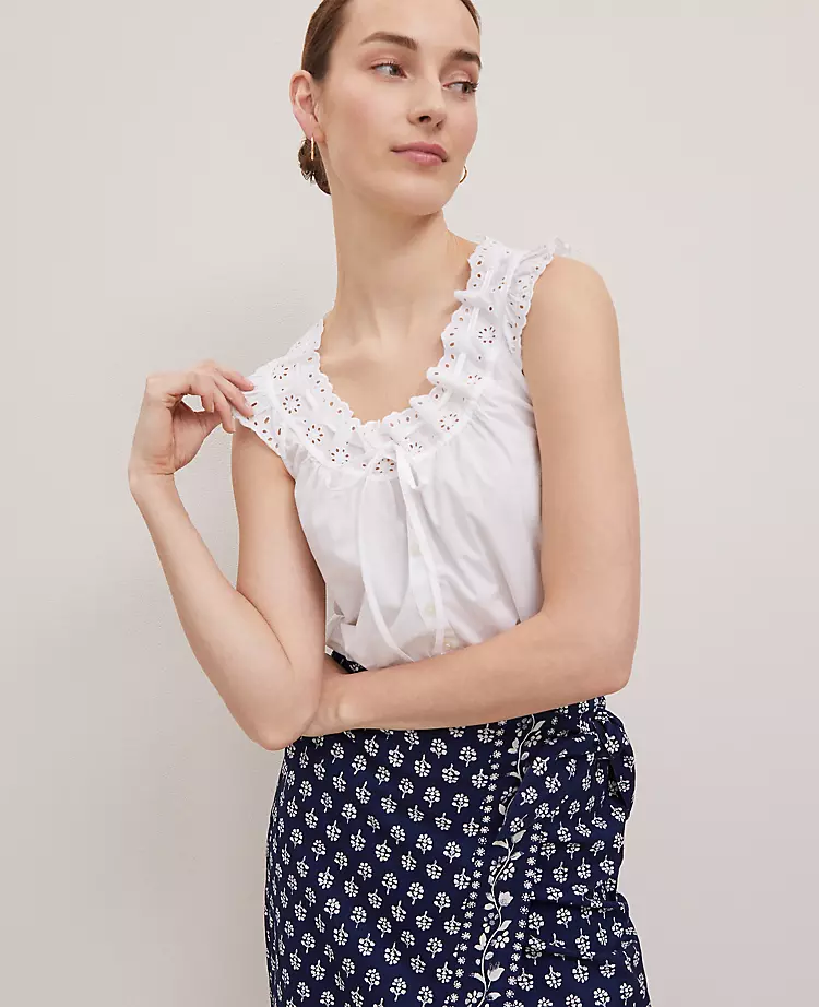 Petite Weekend Collection Eyelet Tie Neck Top