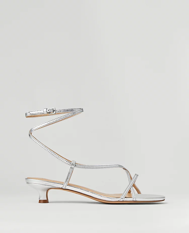 Metallic Strappy Ankle Wrap Kitten Heel Sandals