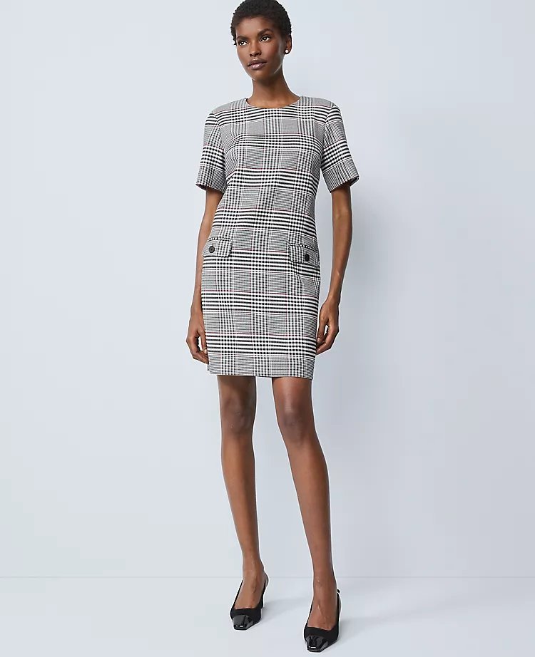 Plaid Button Pocket Shift Dress