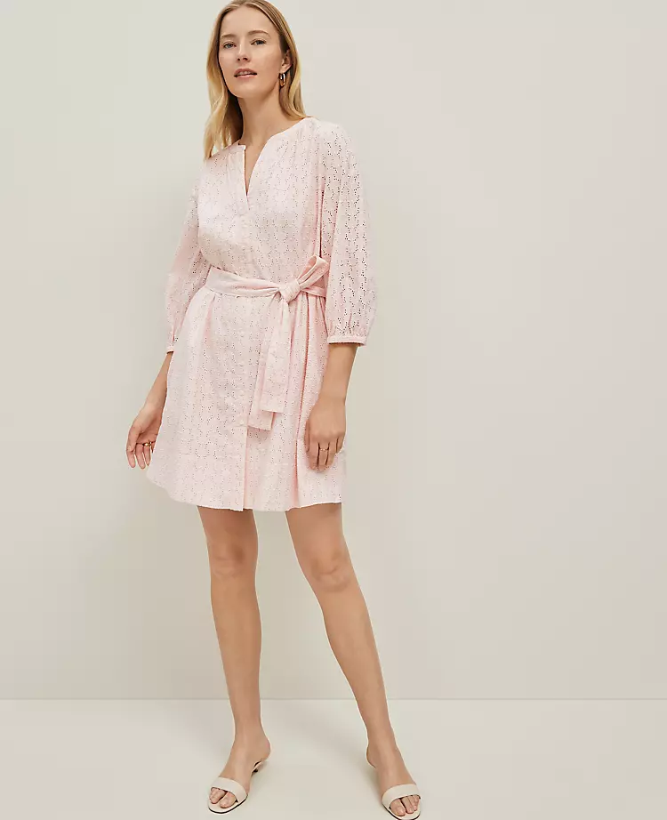 Eyelet Belted Split Neck Dress
