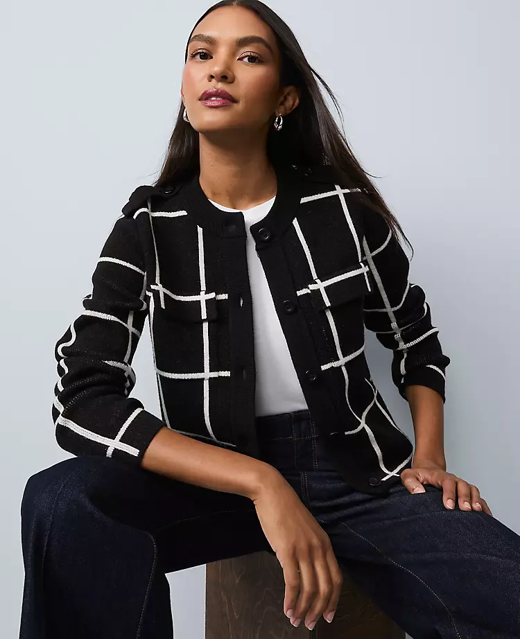 Windowpane Utility Sweater Jacket