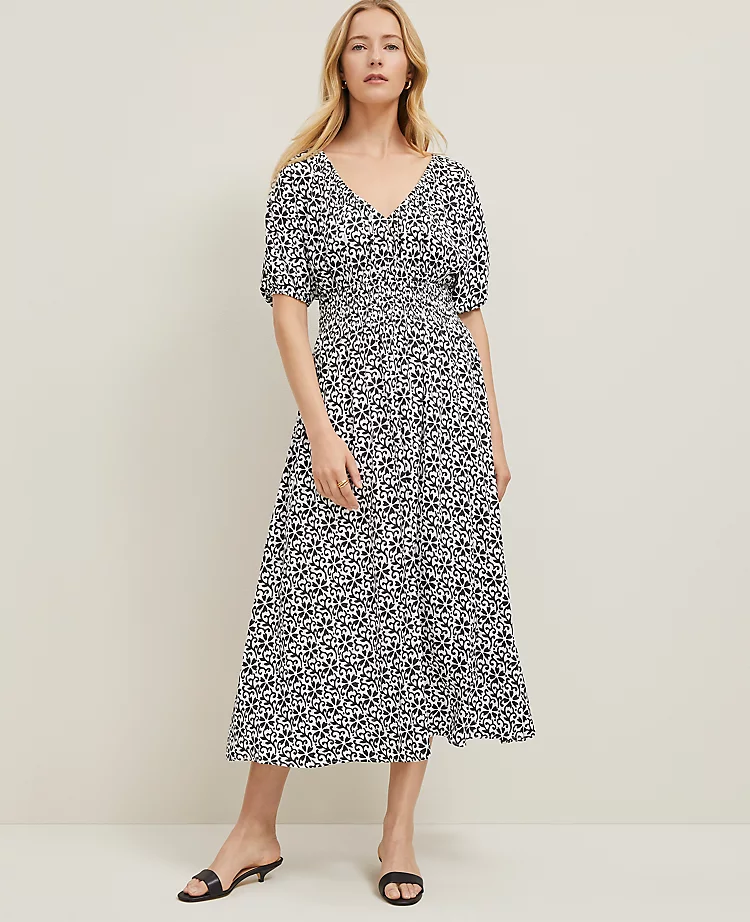 Petite Floral Smocked Puff Sleeve Dress