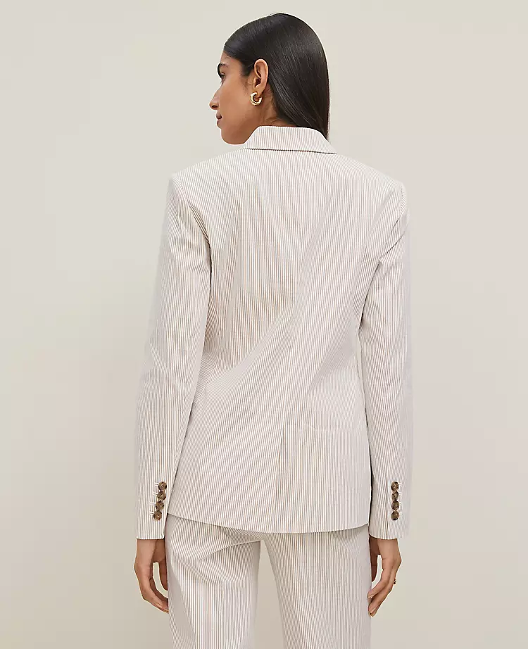 The Petite Long Notched Two Button Blazer in Seersucker