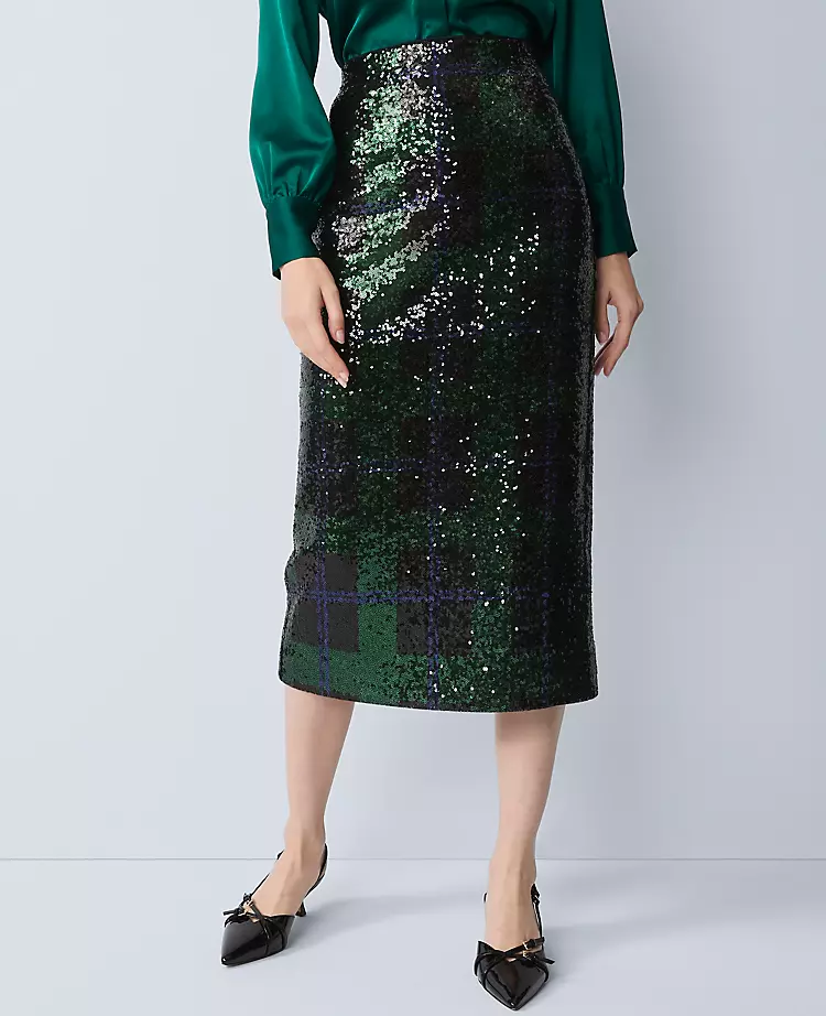 Sequin Plaid Column Midi Skirt