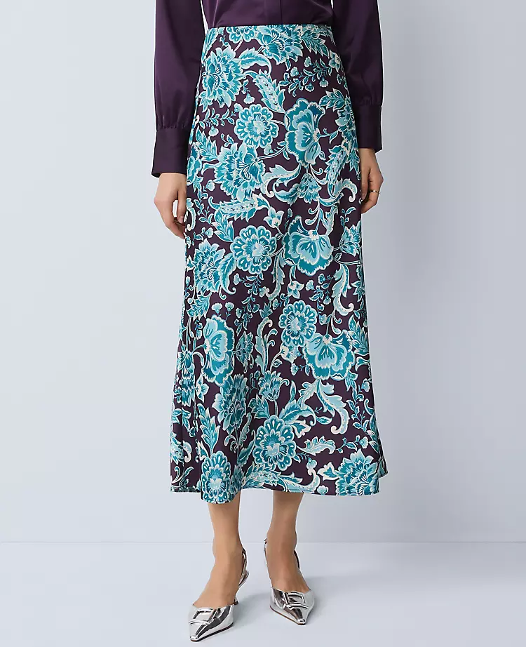 Floral Satin Midi Slip Skirt