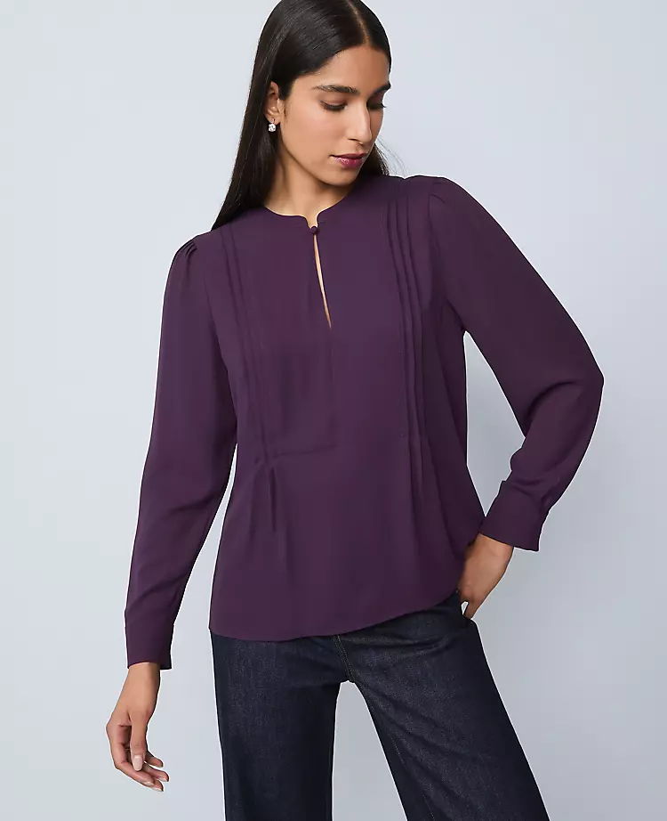 Petite Mixed Media Pintuck Top