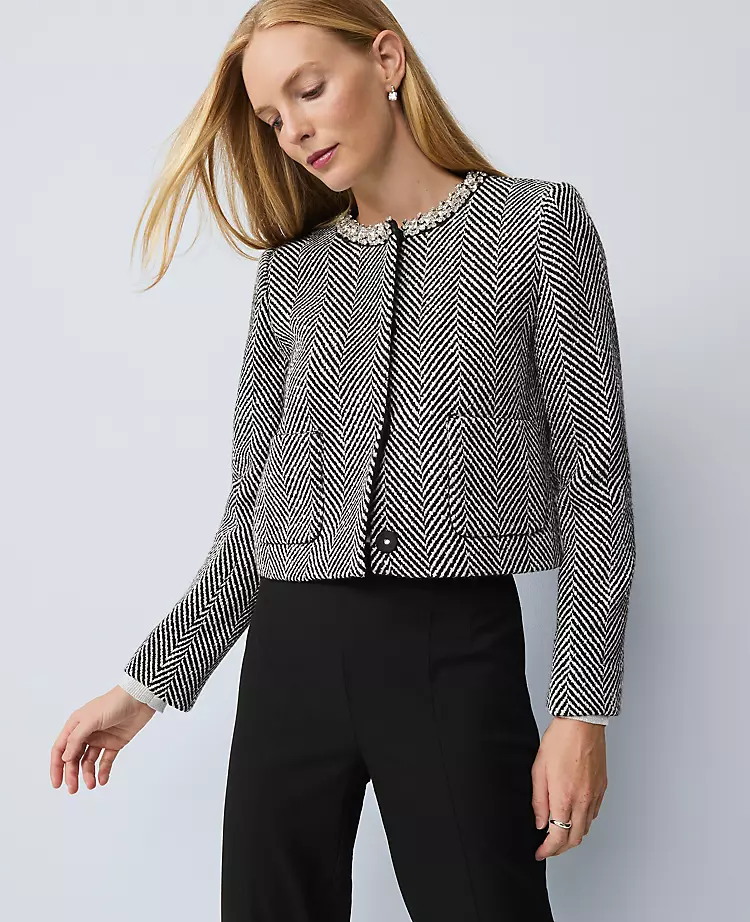 Petite Embellished Herringbone Cropped Jacket