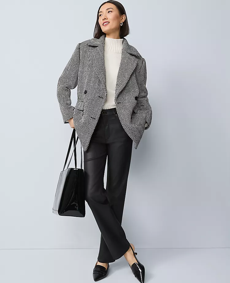 Petite Herringbone Double Breasted Peacoat