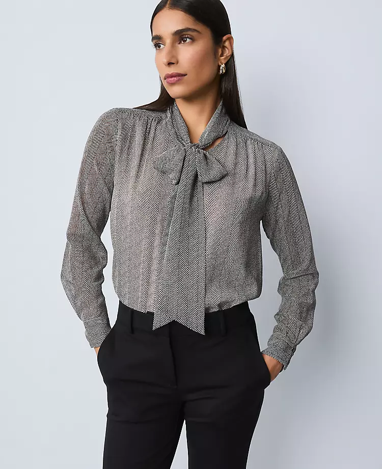 Petite Herringbone Bow Blouse