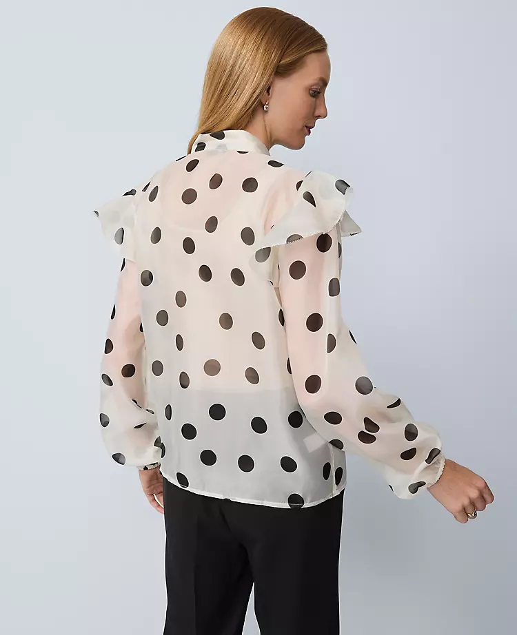 Petite Dotted Ruffle Trim Blouse