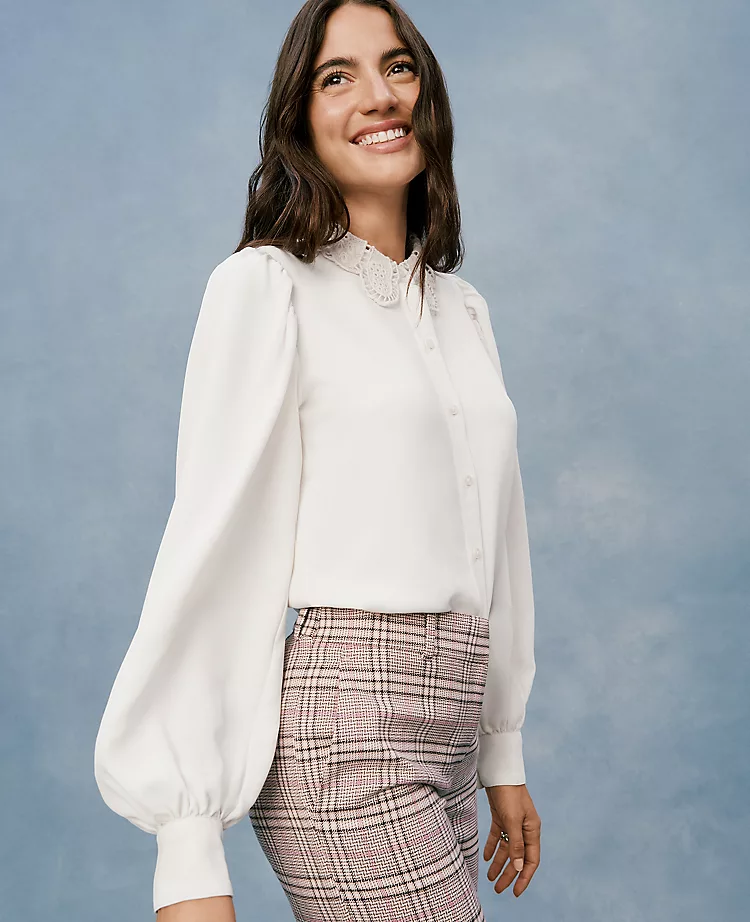 Petite Lace Collar Blouson Sleeve Shirt