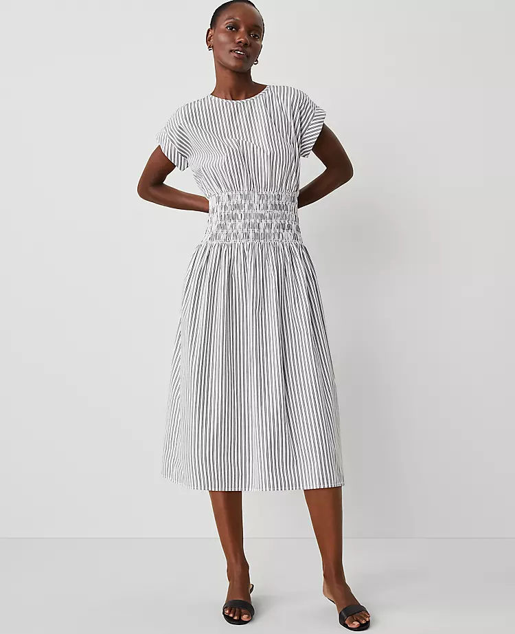 Striped Smocked-Waist Midi Flare Dress
